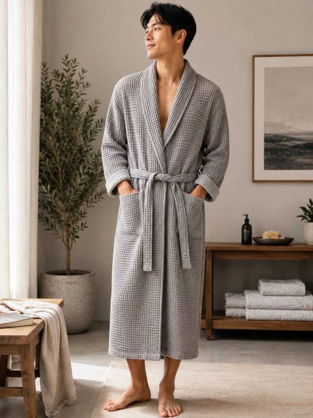 Brooklinen Waffle Robe Large Gray 100% Cotton Turkish Spa Bathrobe Belted